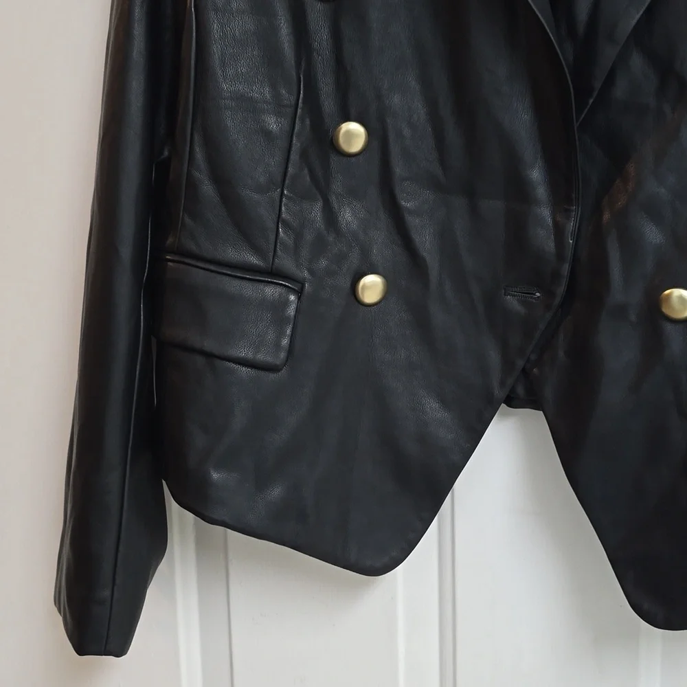 AVEC LES FILLES Double Breasted Faux Leather Blazer In Black